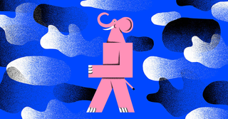 An illustrated pink elephant strides across a blue background surrounded by black and white cloud-like shapes