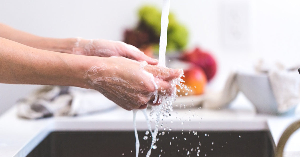 A pair of hands washing at a kitchen sink